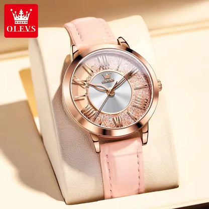 OLEVS 5539 Elegant Fashion Women's Watches Flowing Sand Ice Crystal Dial Quartz Watch Waterproof Leather Strap Lady Wristwatch