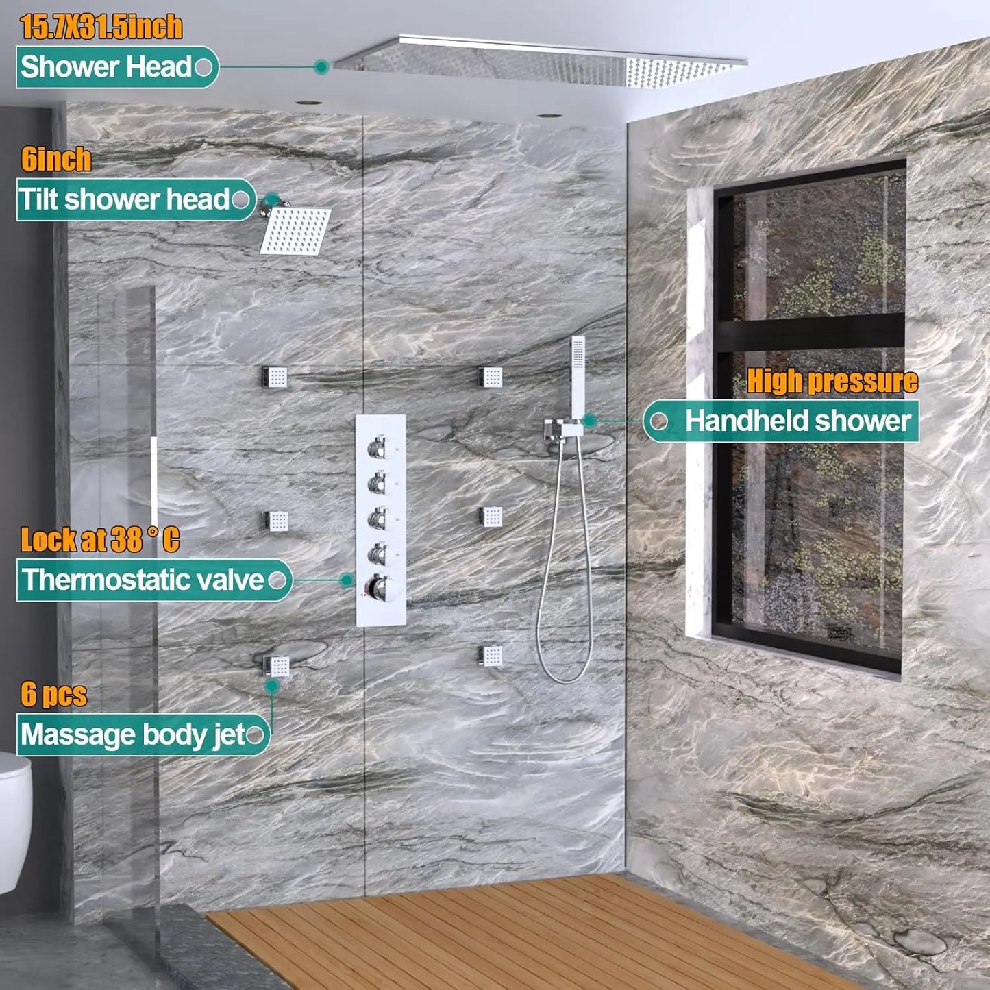 Dual Shower System 15.7x31.5" Rainfall Chrome Rain Shower Handheld Brass 6" Shower Heads Featuring 6pcs Body Jets Soft Spray