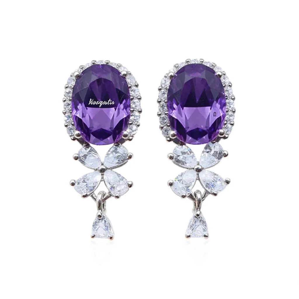 Maegestic Purple Drop Earrings with Oval Gemstone and Pear Cut Crystal Flower Design Zinc Alloy Romantic for Women Party Jewelry
