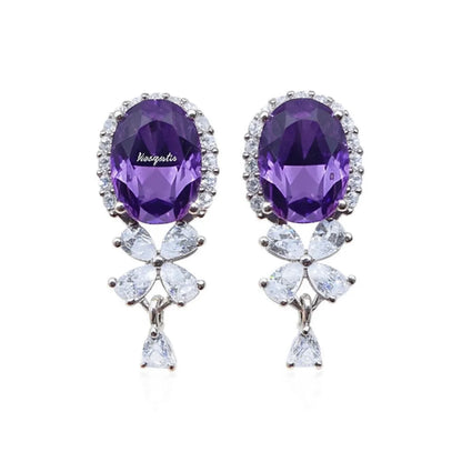 Maegestic Purple Drop Earrings with Oval Gemstone and Pear Cut Crystal Flower Design Zinc Alloy Romantic for Women Party Jewelry