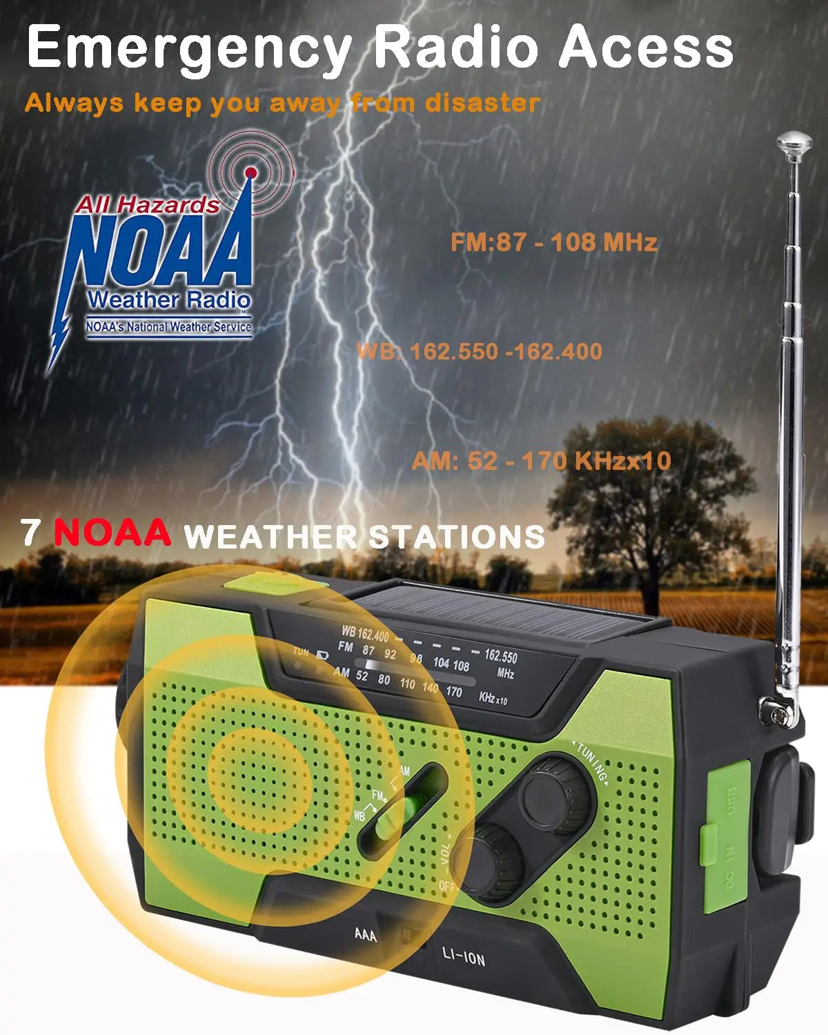 CE Certified 2000mAh Solar NOAA Radio LED Multi-Power Source for Wildfire Safety Flashlight Clock Internet Radio FM Radio