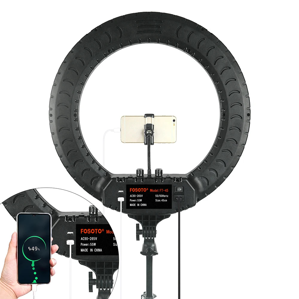 FOSOTO Photographic Ringlight with 3 Phone Holders Selfie Led Ring Fill Light with Tripod Stand Led Ring Light 18inch
