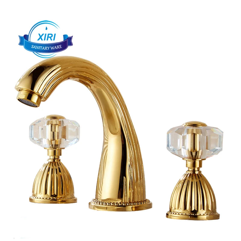 Gold Crystal 3-Hole Basin Split Faucet Bathroom Cabinet Full Copper Washbasin Under Counter Basin Cold and Hot Water Faucet CF96