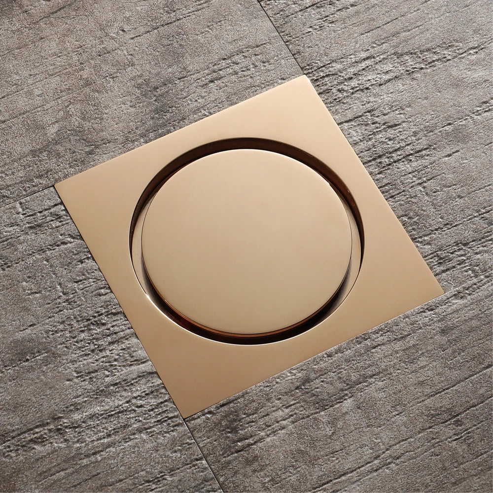 Champagne Gold Modern Square Bathroom Floor Drain with Strainer and Removable Cover Easy Installation