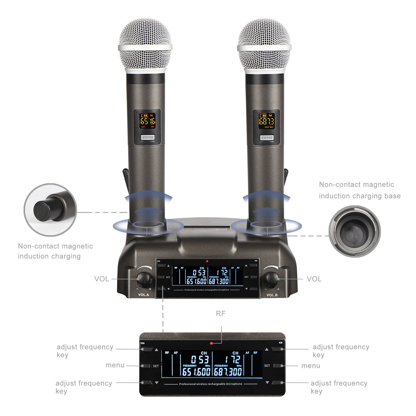 GAW-210 2021 New Magnetic Induction Charging Wireless Microphone UHF Microphone One for Two KTV Family Performance