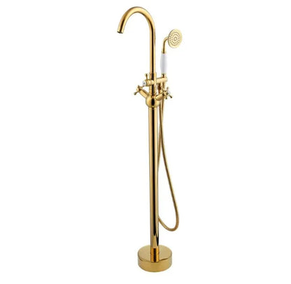 Two Handle Freestanding Bathtub Faucet Polished Gold Floor Mounted Brass Bathroom Faucet with Ceramic Valve Core