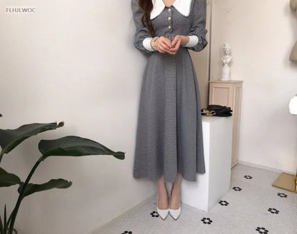 2021 Autumn Spring Basic Belt Plaid Shirt Dress Long Maxi Feminine Vestidos Chic Korea Design Clothes
