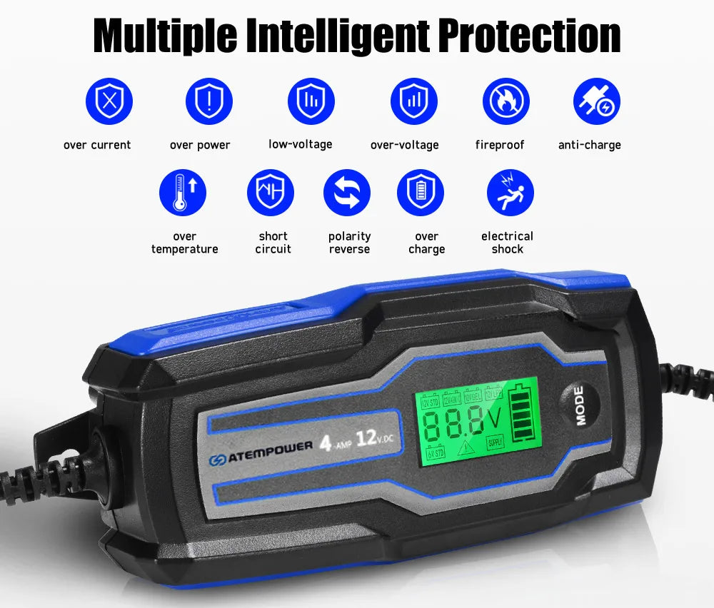 ATEM POWER 4A 6V/12V Smart AC to DC Battery Charger With LED Digital Display and EU Plug