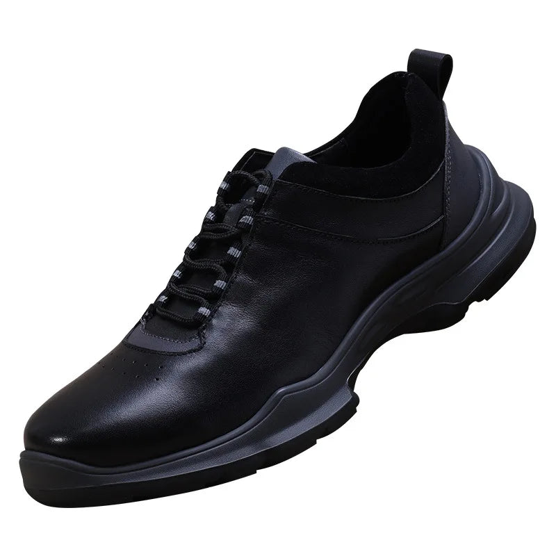 Men's Round Toe Genuine Cow Leather Lace-up Walking Shoes Lightweight Solid Color Rubber Outsole Casual Style
