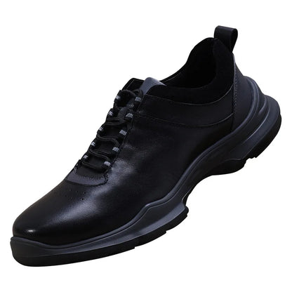 Men's Round Toe Genuine Cow Leather Lace-up Walking Shoes Lightweight Solid Color Rubber Outsole Casual Style
