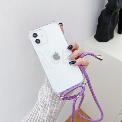 Necklace Lanyard Strap Chain Phone Case For iPhone 16 15 14 13 Pro Max 12 11 XS X XR Mini 7 8 Plus Transparent Soft Rope Cover