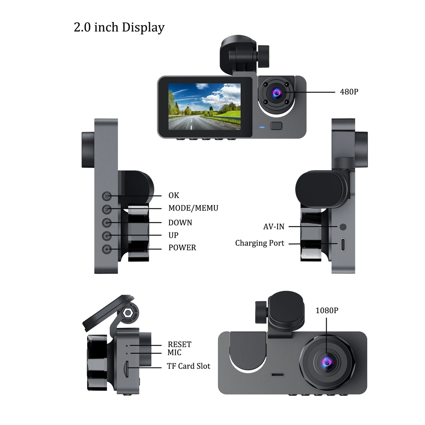 2-Inch IPS Screen Dashcam 1080P HD 140 Degree 3 Lens Loop Recording Waterproof Front Rear Car Recorder DVR