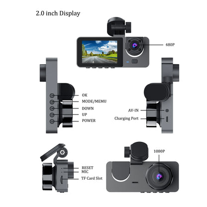 2-Inch IPS Screen Dashcam 1080P HD 140 Degree 3 Lens Loop Recording Waterproof Front Rear Car Recorder DVR