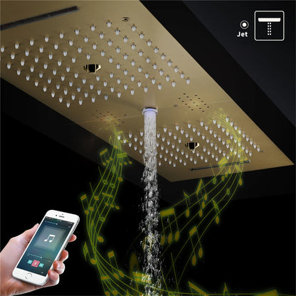 Brushed Gold Brass 36*12inch Music Led Water Column Rain&Waterfall Shower Head Temperature Display Touch Control Apartment