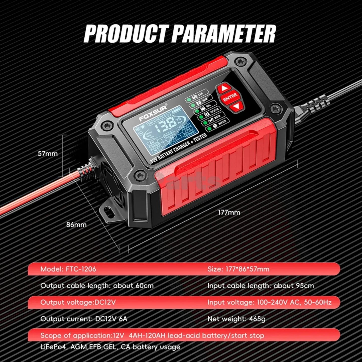 IParts Foxsur Car Battery Charger 12V 6A FTC-1206 Motorcycle Truck AGM LiFePO4 Lead Acid Batteries Maintainer Digital