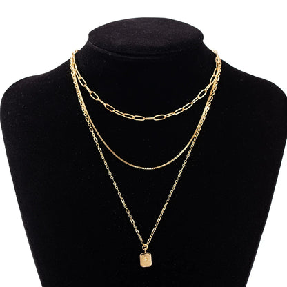 New Fashion Geometric Multi-Layer Stacked Women's Copper Electroplated Square Pendant Necklace