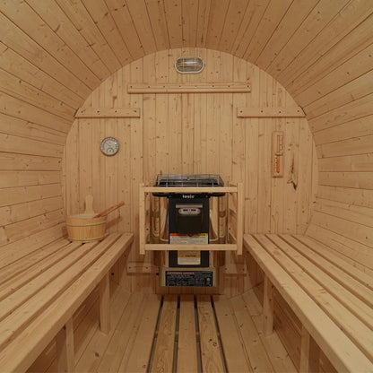 Premium Outdoor Barrel Sauna Kit for 6 | Backyard Spa & Steam Room in White Pine Wood
