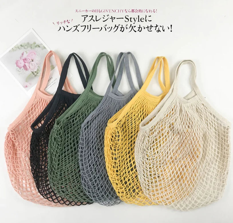 Recycled Reusable Cotton String Mesh Net Shopping Bag Long Handle Fruit Vegetable Grocery Produce Tote for Daily Life Letter