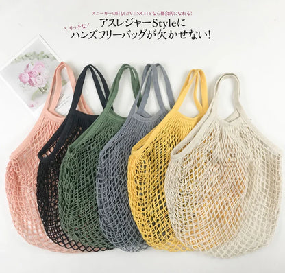 Recycled Reusable Cotton String Mesh Net Shopping Bag Long Handle Fruit Vegetable Grocery Produce Tote for Daily Life Letter