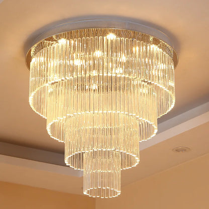 Modern Stainless Steel Ceiling Led Light Round Multi-layer Silver Crystal Chandelier