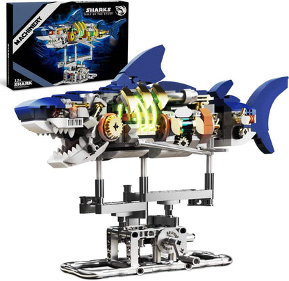 Half-mechanical Shark Building Block Movable Model, Boy with Lights, Punk-style Assembly Toy