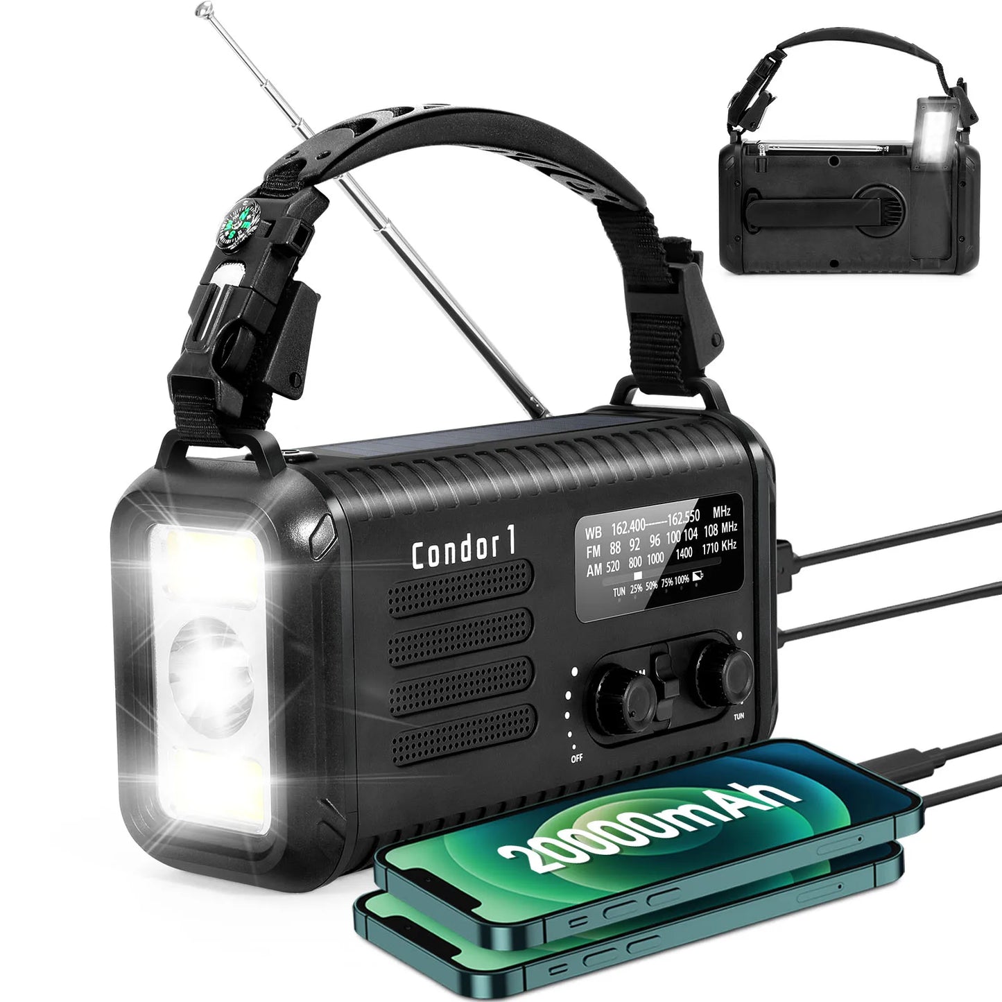 20000mAh Crank Radio, Emergency Radio, Solar Radio, NOAA/AM/FM Weather Radio, Torch & LED Reading Light, SOS Alarm, Compass