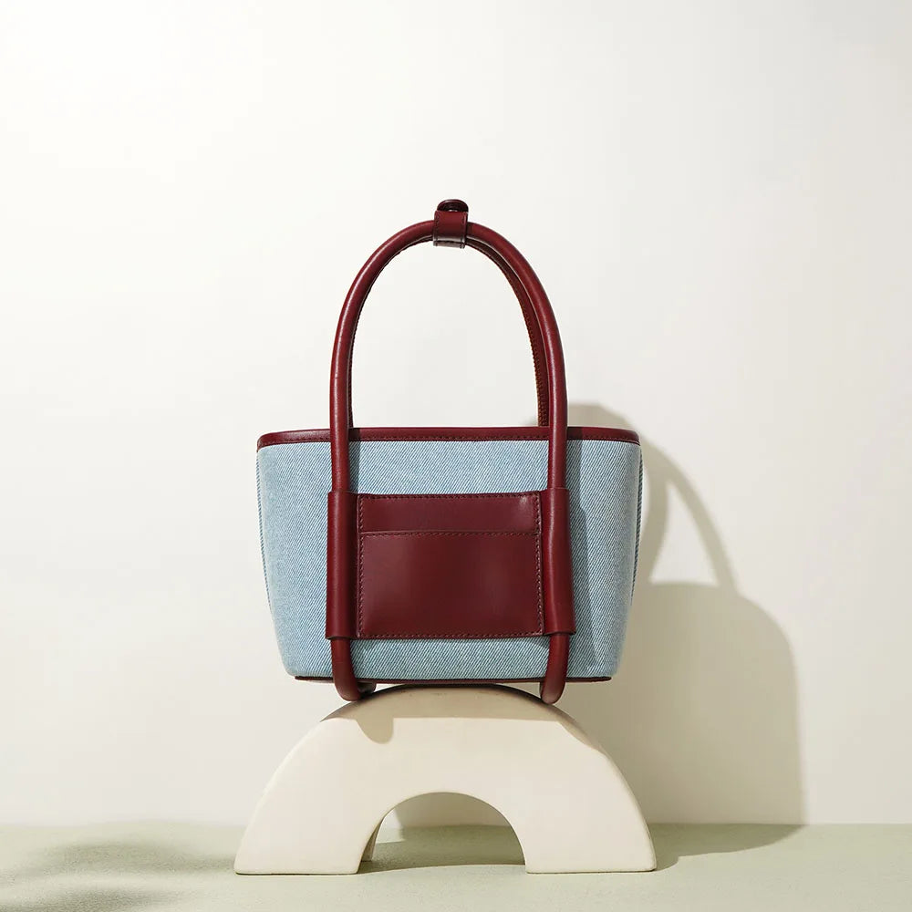 Genuine Leather and Denim Tone Bucket Bag Blue Wine Red Contrast Color Handbag Top Zipper Closure Multi Pocket Purse for Daily