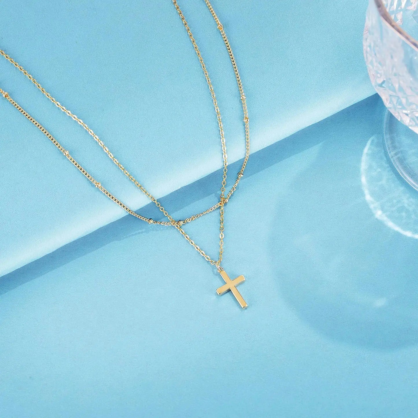 Simple Stainless Steel Cross Chain Clip Bead Necklace Stainless Steel Double Layer Cross Multi-Layer Necklace Women
