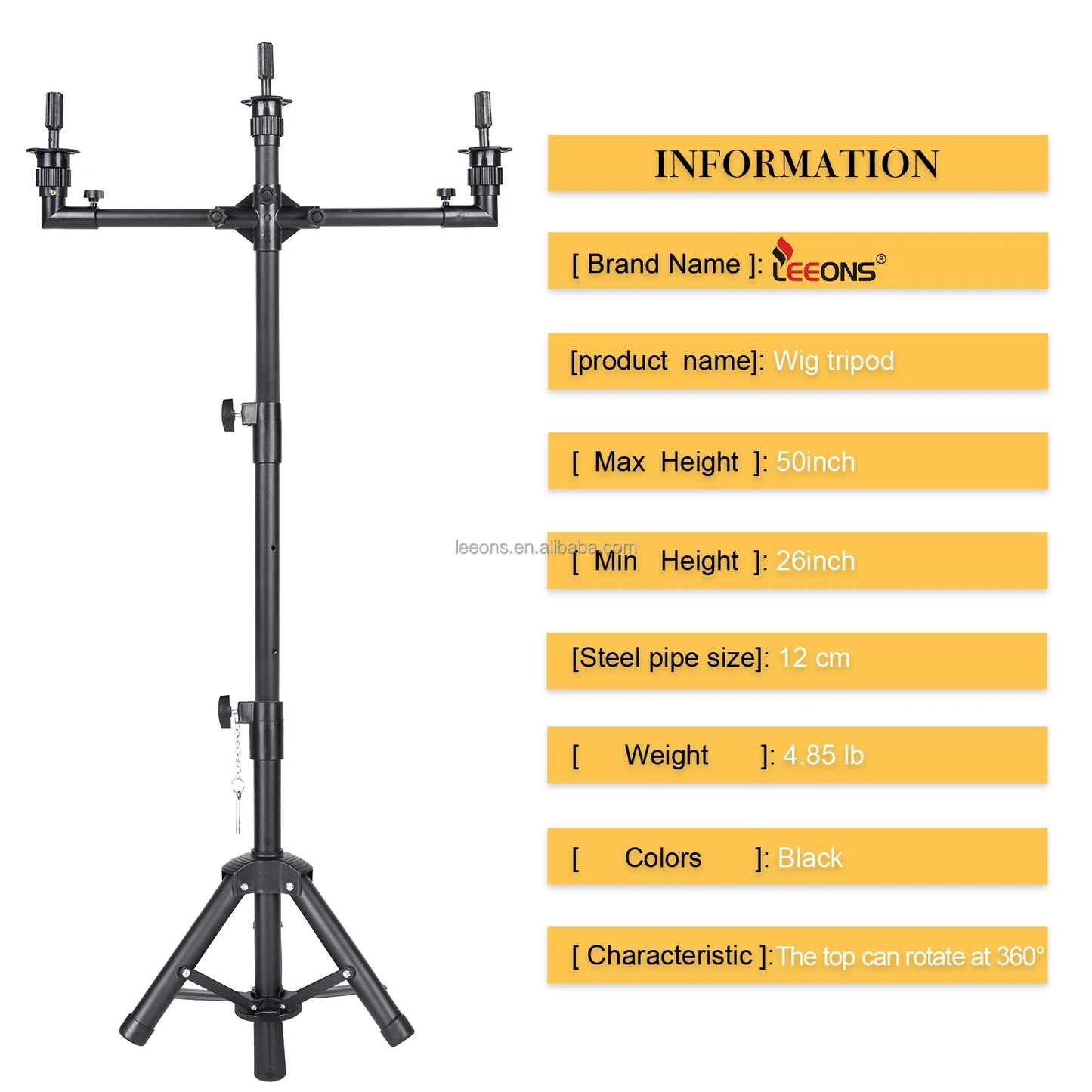 Space-Saving 3-Head Wig Tripod Stand Adjustable Professional Salon Mannequin Stand 50" for Multiple Wigs Display