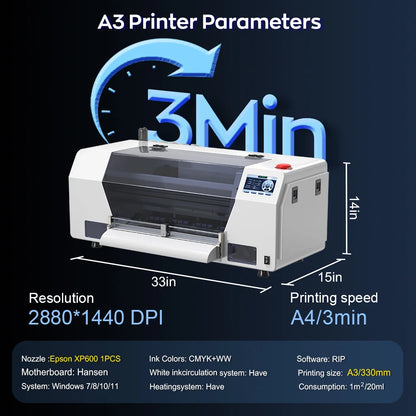 European Warehouse A3 DTF Printer With XP600 Head Printing Machine for Custom T Shirt Printing High Speed White Ink System