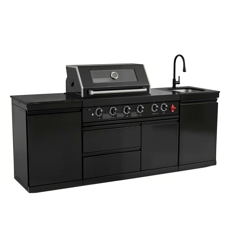 US in Stock Outdoor Kitchen Barbecue Island Black Stainless Steel Barbecue Island 4 Burner BBQ Grill with Sink