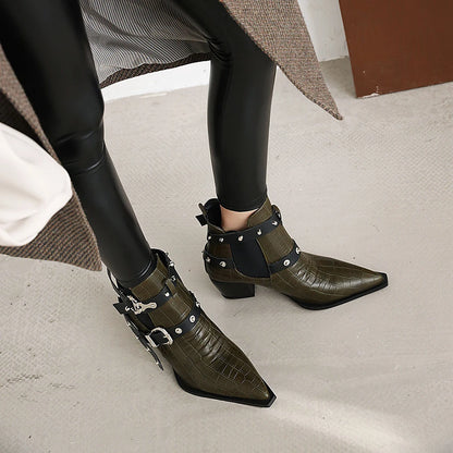 Motorcycle Western Cowboy Boots Women Snake PU Leather Short Cossacks High Heels Pointed Cowgirl Booties Buckle Womens Shoes