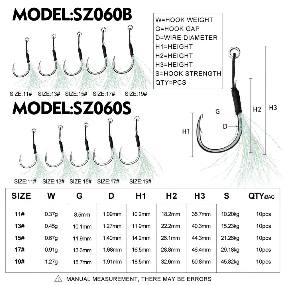 10pcs Fishing Assist Hooks 11#-19# Jigging Assist Hooks Single Fishing Assist Hooks with Bucktail with Feather