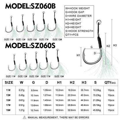 10pcs Fishing Assist Hooks 11#-19# Jigging Assist Hooks Single Fishing Assist Hooks with Bucktail with Feather