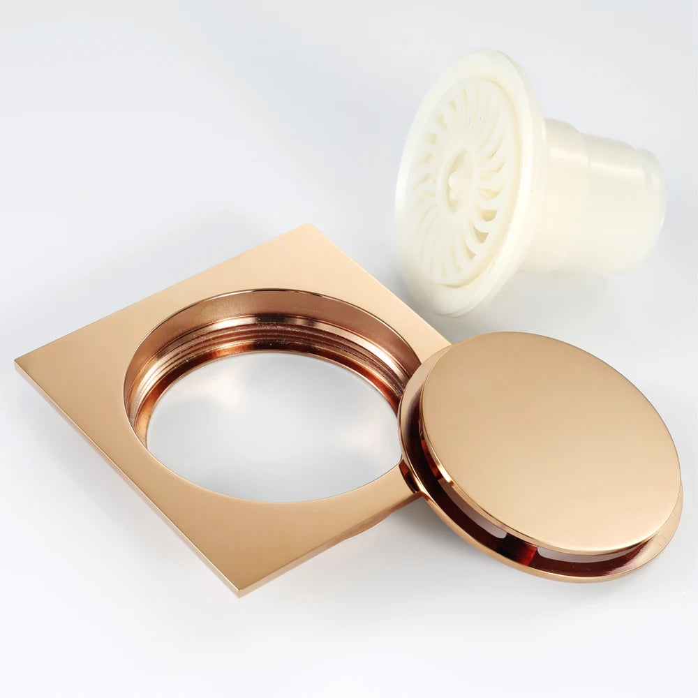 Champagne Gold Modern Square Bathroom Floor Drain with Strainer and Removable Cover Easy Installation