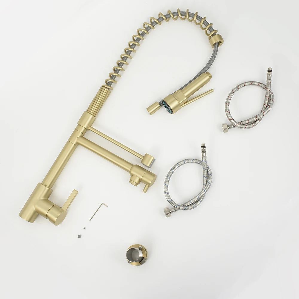 Brushed Gold Brass Taps Sink Pull Down Kitchen Faucet