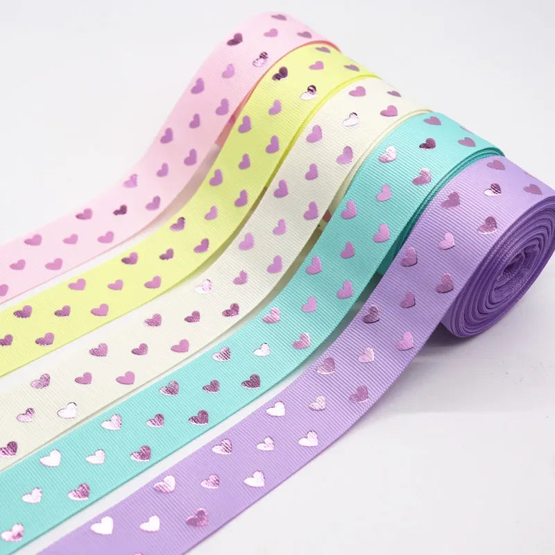 5 Yards 1" 25MM Valentine's Day Pink Gold Heart-Shaped Printed Ribbon For Hair Bows DIY Crafts Handmade Accessories M20012103