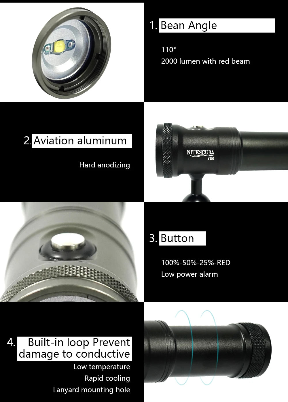 Nitescuba V20 Diving Led Video Light Glare 2000 Lumen Astigmatism Lamp Focus With Red Light Tg6 Gopro Underwater Photography