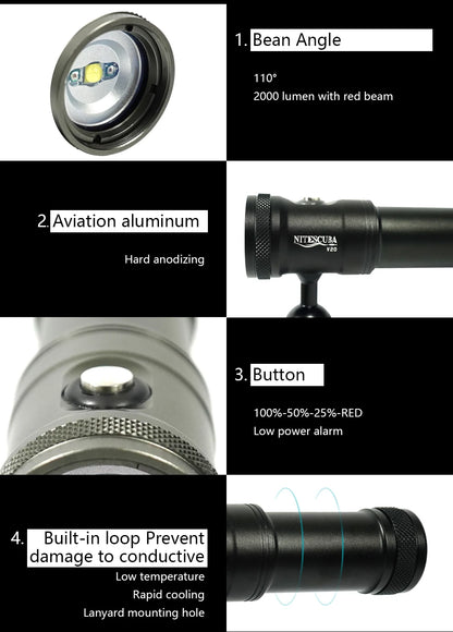 Nitescuba V20 Diving Led Video Light Glare 2000 Lumen Astigmatism Lamp Focus With Red Light Tg6 Gopro Underwater Photography