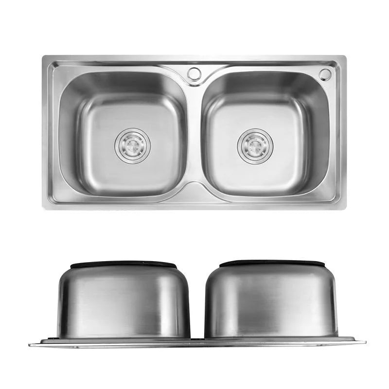 Stainless Steel Kitchen Sink Thickened Double Basin Rectangular Bowl Counter Dual-Hole Vegetable Washing Pool