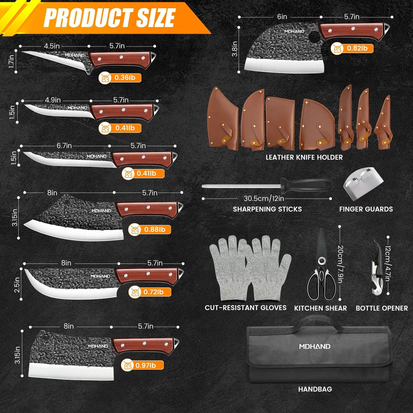 7-Piece Kitchen Knife Set With Leather Sheath and Carry Case Boning Knife Santoku Knife Butcher'S Knife