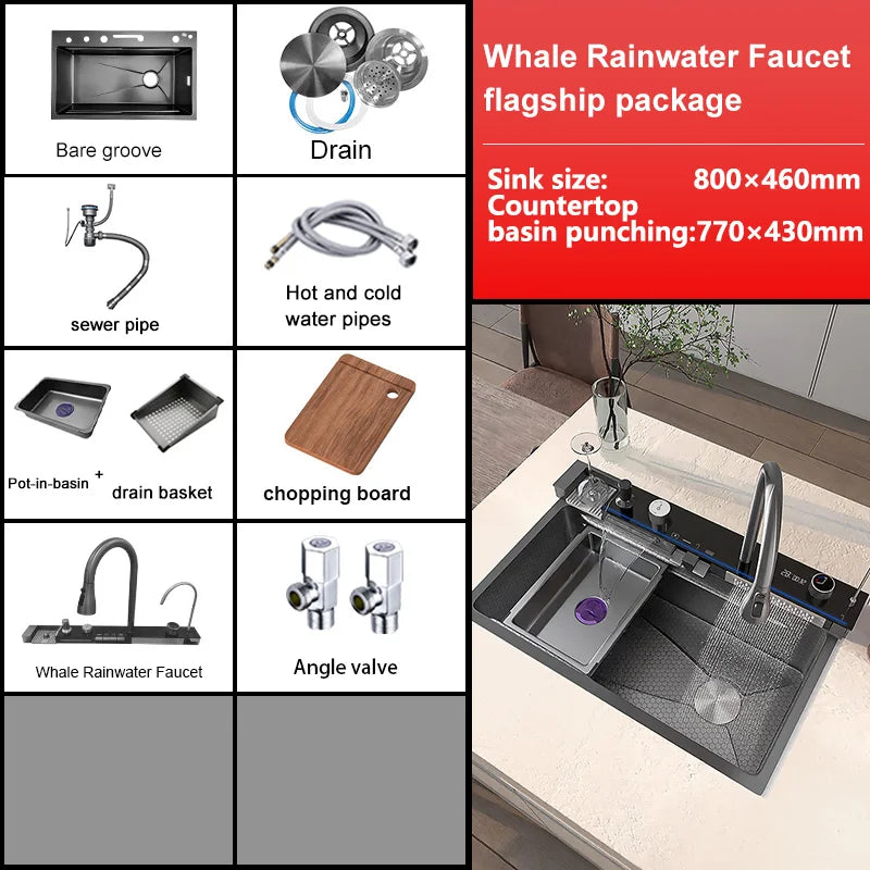 Multifunctional Stainless Steel Kitchen Sink Digital Display Faucet Stain Scratch Resistant Large Single Slot Wash Dish Basin