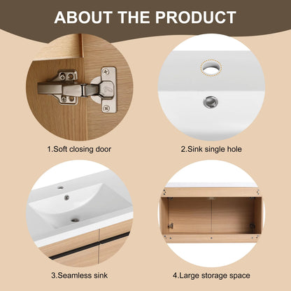 36 Inch Oak Floating Bathroom Vanity Engineered Wood Resin Integrated Sink 2 Doors US Stock Homein