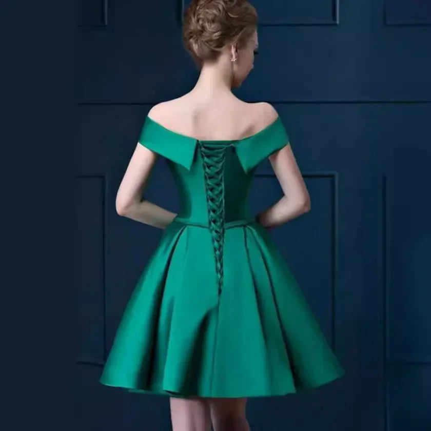 S-XXL Golden Off the Shoulder a Line Cocktail Dresses Lace up Satin Short Party Dresses Elegant Wedding Bridesmaid Evening Gown