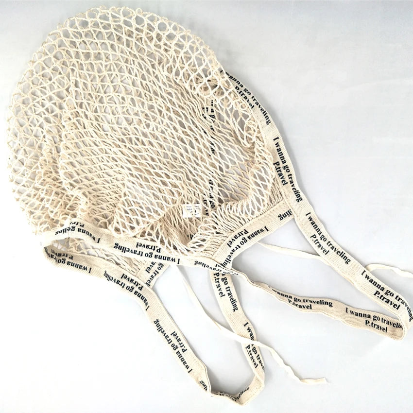Recycled Reusable Cotton String Mesh Net Shopping Bag Long Handle Fruit Vegetable Grocery Produce Tote for Daily Life Letter