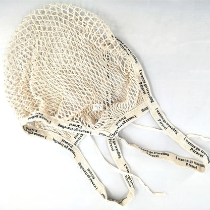 Recycled Reusable Cotton String Mesh Net Shopping Bag Long Handle Fruit Vegetable Grocery Produce Tote for Daily Life Letter
