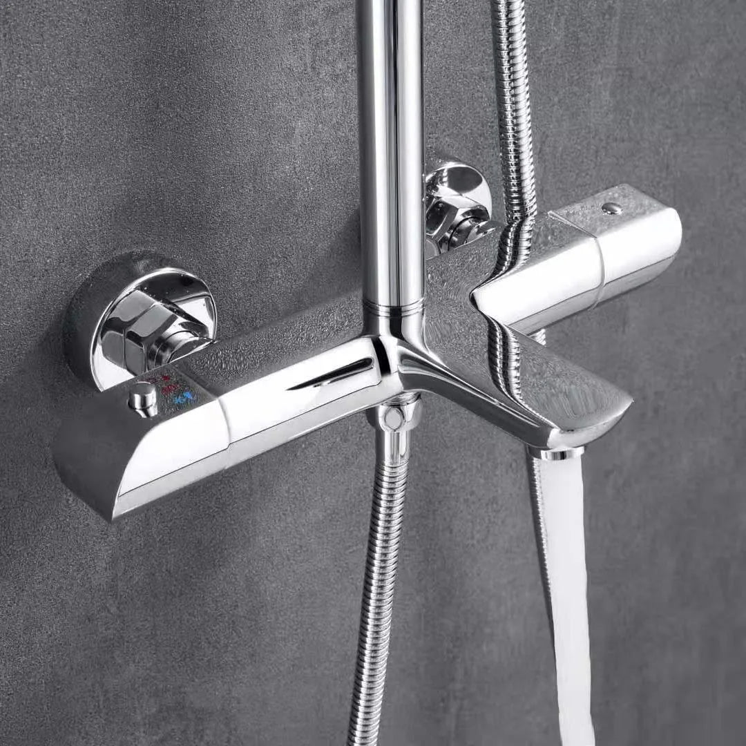Chrome Brass Thermostatic Shower Column Set Dual Handle Rainfall Shower System with Handheld Spray for Modern Bathroom Luxury