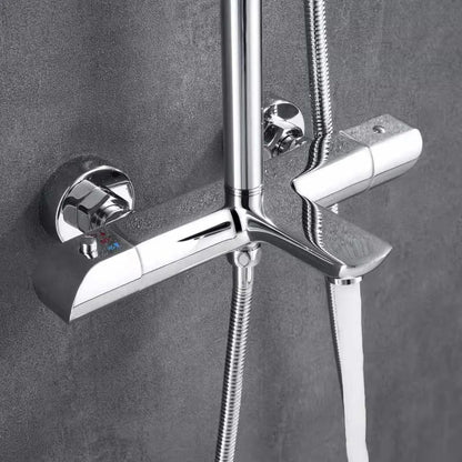 Chrome Brass Thermostatic Shower Column Set Dual Handle Rainfall Shower System with Handheld Spray for Modern Bathroom Luxury