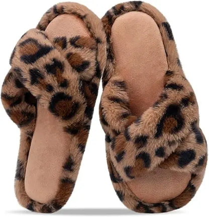 XIXITIAO Women's Leopard Print Faux Fur Slippers Plush Lined Open Toe Slip-On House Shoes with EVA Sole for Indoor Outdoor