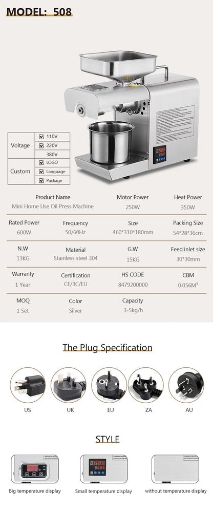 MJ 508 Automatic Castor Seeds Coconut Soy Bean Peanut Cold Press Oil Machine Extractor Household Oil Making Press Machine